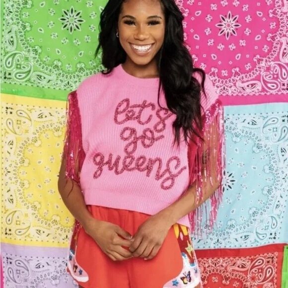 QUEEN OF SPARKLES LETS GO QUEEN PINK FRINGE SWEATER VEST SMALL CROWN COWGIRL - Picture 1 of 7
